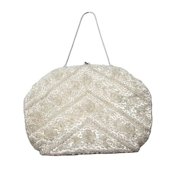 Vintage Off White Beaded Evening Formal Purse Bag Beige Metal Clasp Closure READ - Picture 1 of 12